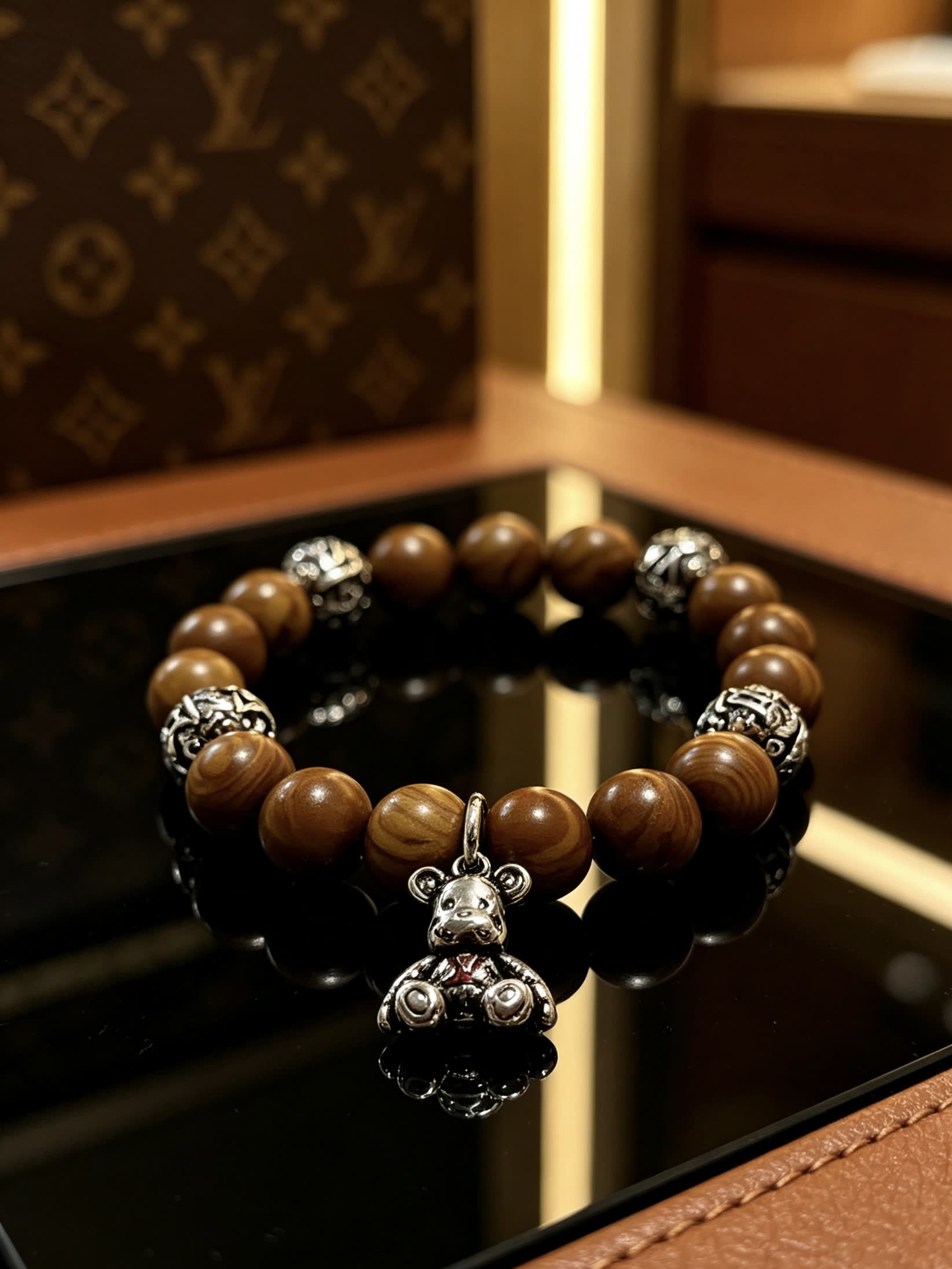Louis Vuitton Brown Beaded Bracelet with Silver Accents